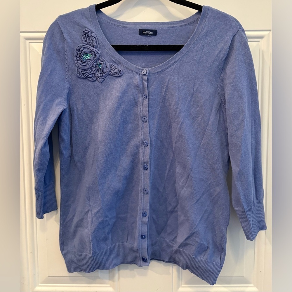 Blue Button-Up Sweater with Floral Detail